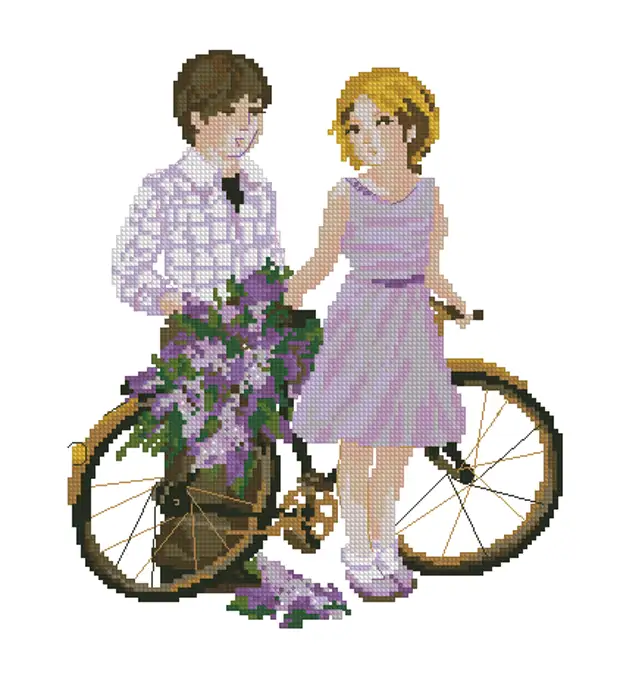 Гулять схема. Риолис девочка мальчик и велосипед. Вышивка Риолис девочка с мальчиком велосипед. Вышивка дети и велосипед набор Риолис. Едет велосипед с букетом.