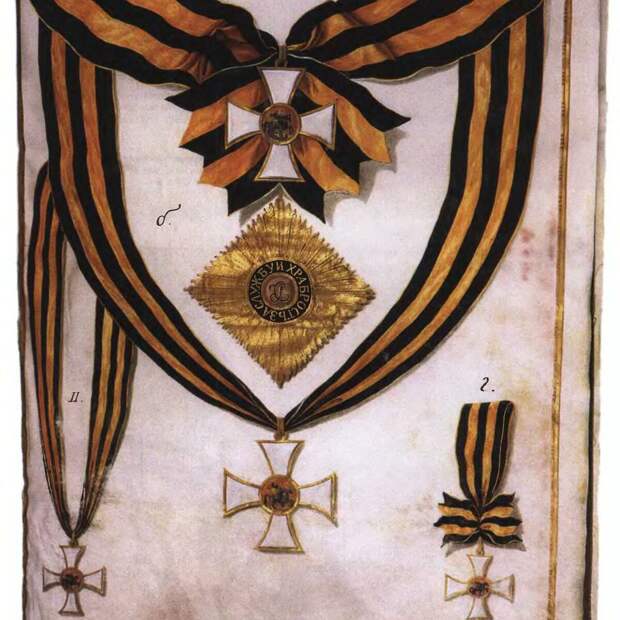 Знаки ордена Святого Георгия из статута 1769 г. Источник: Шишков С. С. Награды России 1698−1917