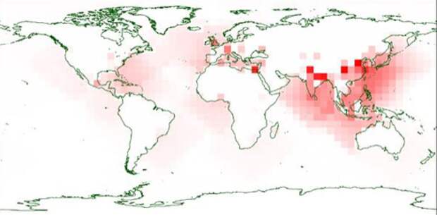 Карта людских потер от падения астероида: чем краснее место, тем потерь там может быть больше. 