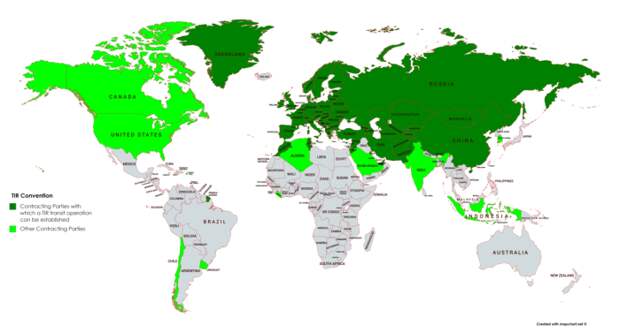 Зеленый - страны-участницы TIR. Салатовый - страны-партнеры TIR. /Фото: wikimedia.org.