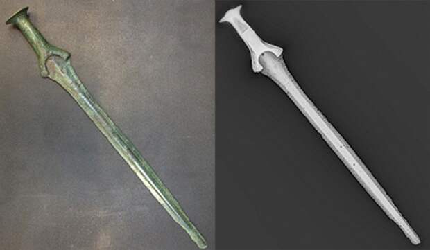 Фото и цифровой рентгеновский снимок меча раннего бронзового века, ок. 1600 г. до н.э.