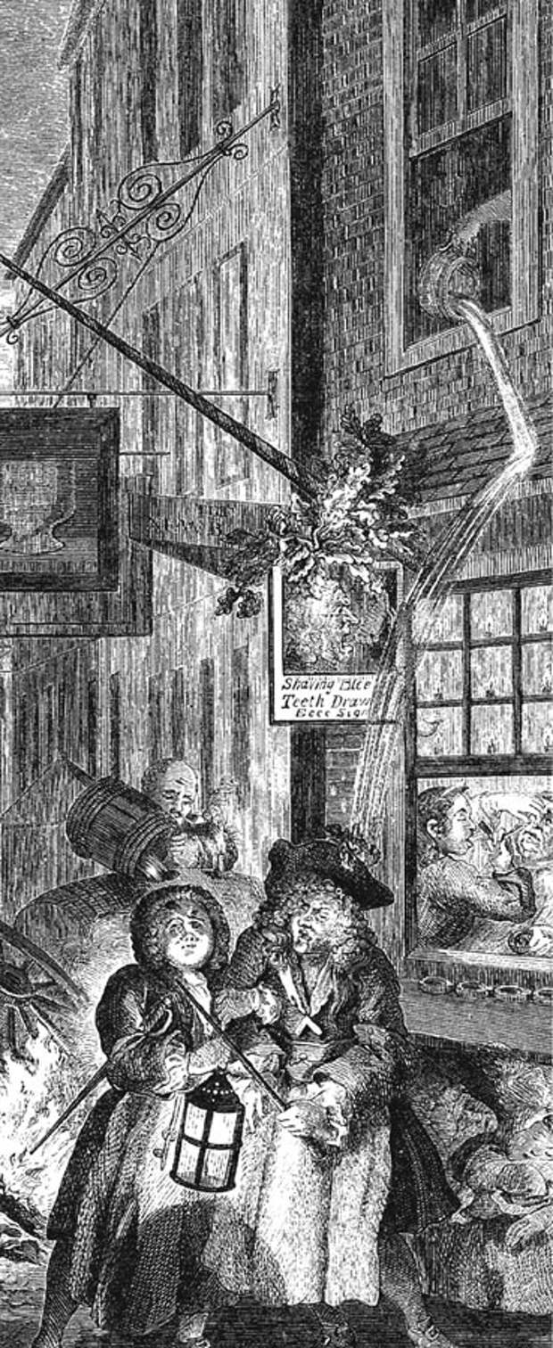 Содержимое ночного горшка выплеснули прямиком на шляпу прохожего. Рисунок Уильяма Хогарта. XVIII в.