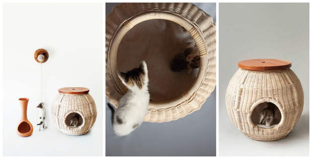 Плетеный домик-корзинка с крышкой для кошки