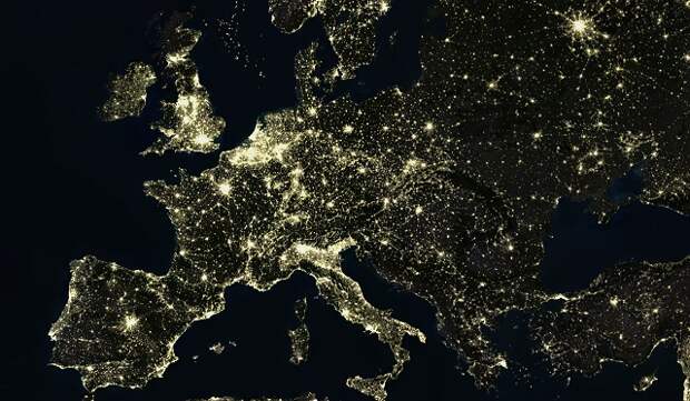 True colour satellite image of Europe at night. This image in Lambert Conformal Conic projection was compiled from data acquired by LANDSAT 5 & 7 satellites., Europe At Night, True Colour Satellite Image (Photo by Planet Observer/Universal Images Group via Getty Images)