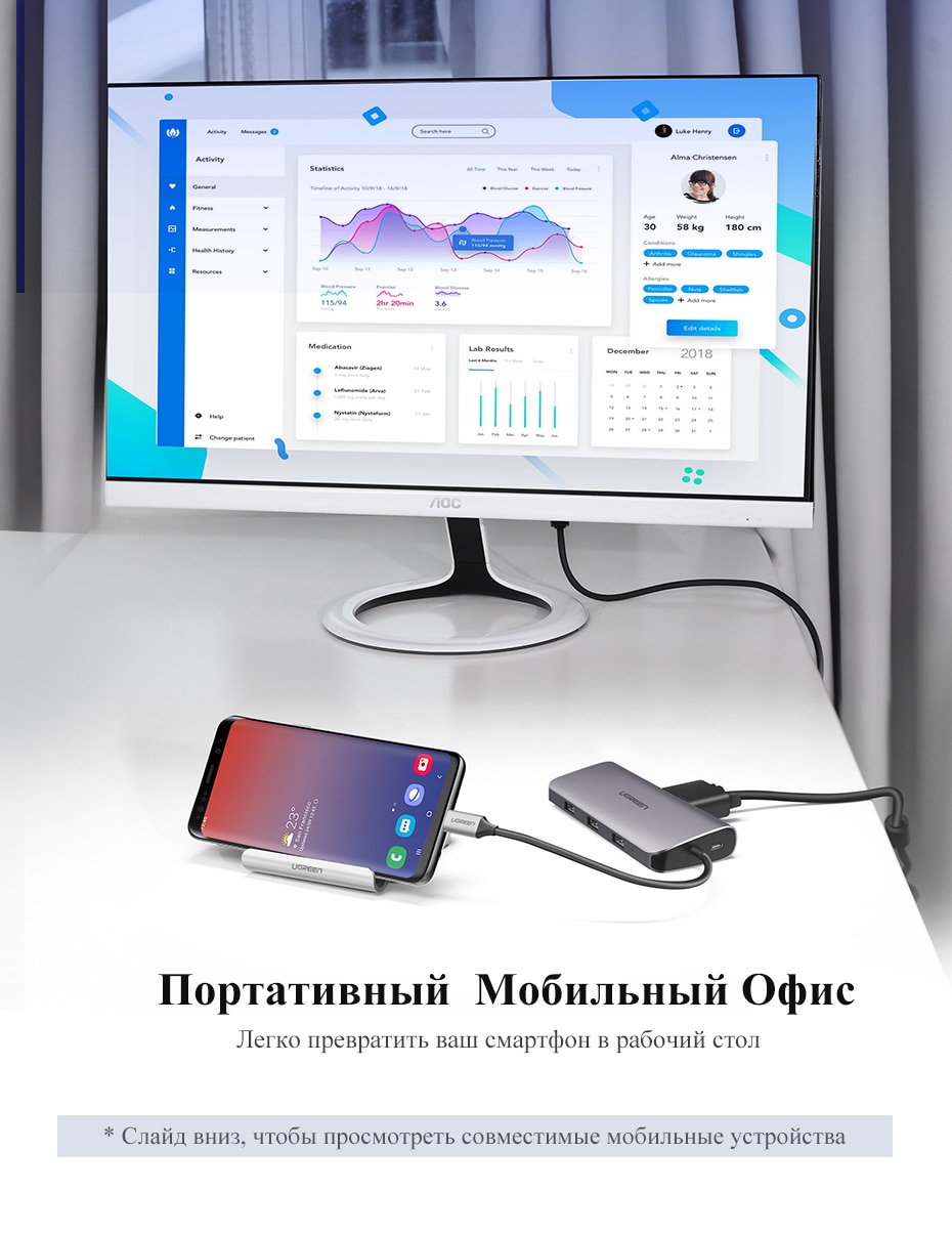 Распродажа 11.11 Многофункциональный адаптер Ugreen с Type-C (поддерживает режим DEX от Samsung)