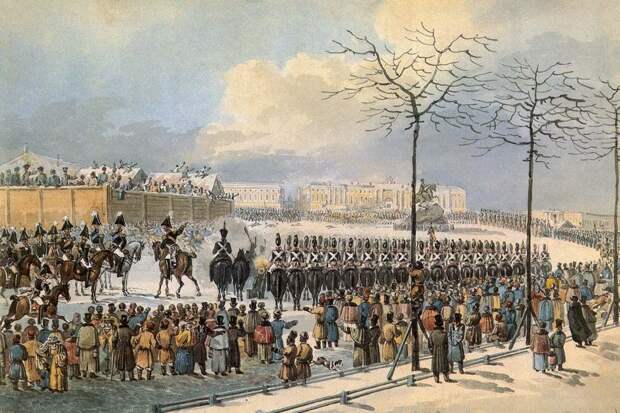 Восстание 14 декабря 1825 года на Сенатской площади. Рисунок Кольмана из кабинета графа Бенкендорфа в Фалле. 1830-е гг.