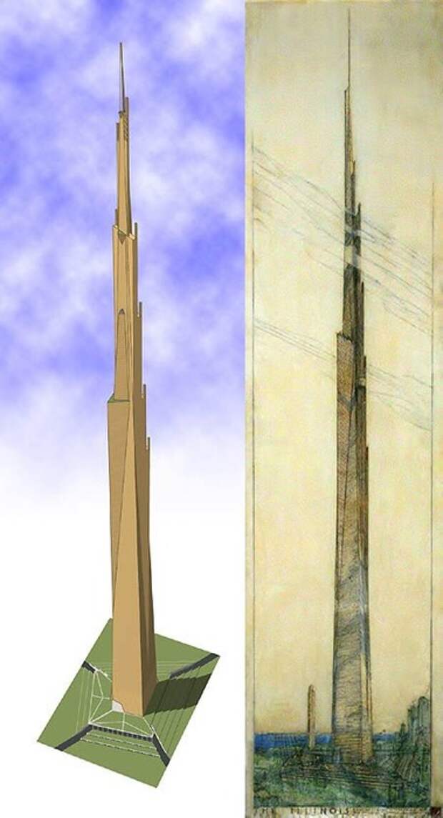 Компьютерная модель и эскиз нереализованного небоскрёба. /Фото: pinterest.com