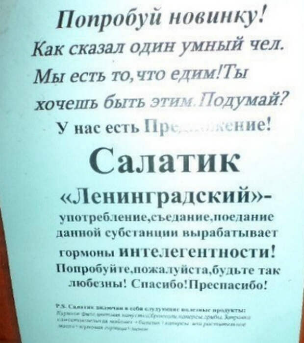 Заказывая «Ленинградский» салат вы становитесь чуточку лучше. | Фото: Дай лапку. Заказывая «Ленинградский» салат вы становитесь чуточку лучше. | Фото: Дай лапку.