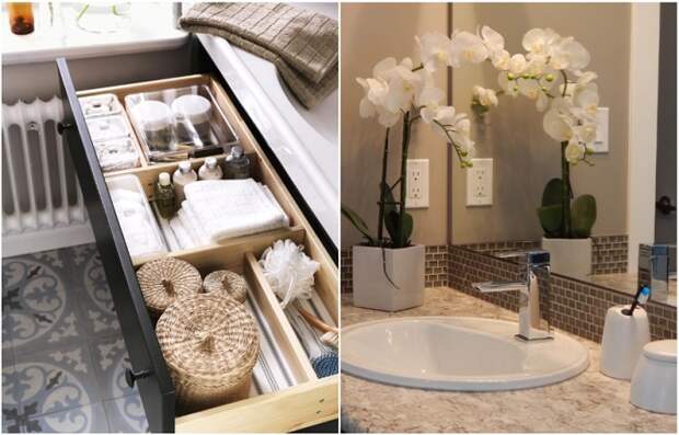 Под раковиной предусмотрите ящики, а на раковине - уютные мелочи