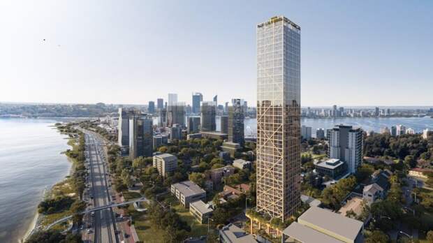 timber skyscraper tall wood building city skyline Perth