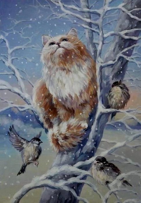 Кот и синицы. Автор: Кира Панина.