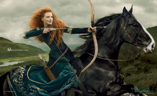 WHERE YOUR DESTINY AWAITS -- In a new image by acclaimed photographer Annie Leibovitz unveiled today by Disney Parks, Jessica Chastain stars as the adventurous princess, Merida, from 'Brave.' The newest ‘Disney Dream Portrait’ from Leibovitz was commissioned by Disney Parks for their ongoing celebrity advertising campaign which debuted in 2007. The image, which will appear in the February issue of 'O - The Oprah Magazine,' is entitled, 'Where your destiny awaits.' (Annie Leibovitz for Disney Parks)