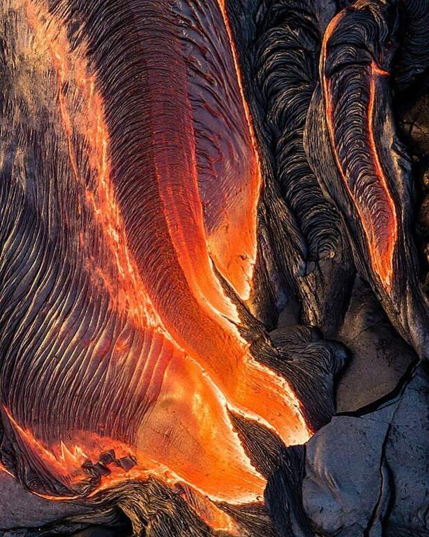 Снимок с воздуха разлива лавы вулкана Килауэа на Большом острове, Гавайи, США катаклизмы, природа, растительность