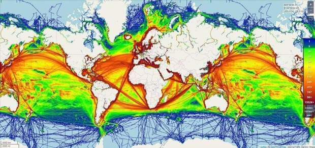 19. Карта плотности водного транспорт в мире, интересно, карта, познавательно, фото