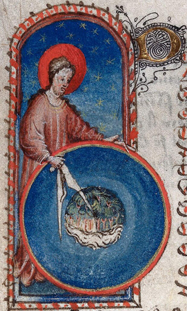 Миниатюра из манускрипта 15 века поэмы автора 13 века Госсуина из Метца Образ Мира - Господь создает сферическую землю.