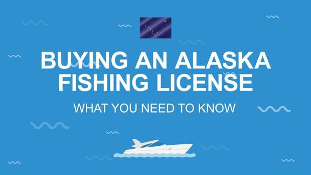 White text reading 'Buying an Alaska fishing license' on a blue background with the Alaskan state flag above and a vector of a boat below