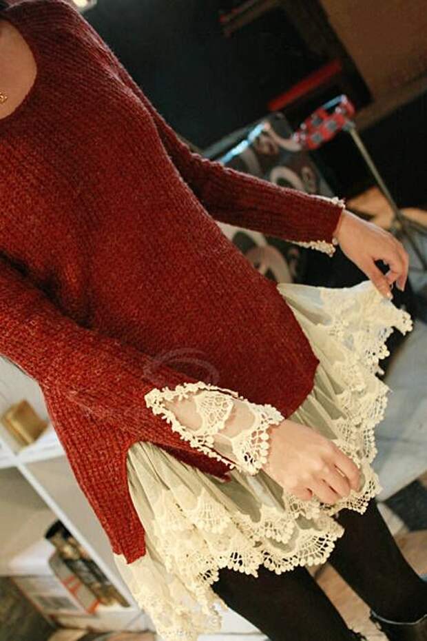 Wholesale Sweet Scoop Neck Solid Color Splicing Lace Design Faux Twinset Long Sleeve Acrylic Fibers Sweater For Women (BROWN,ONE SIZE), Sweater & Cardigan - Rosewholesale.com: 
