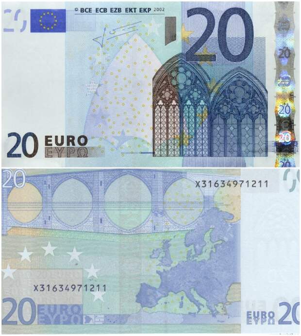 Элементы готической архитектуры на купюре 20 евро. | Фото: banknotes.finance.ua.
