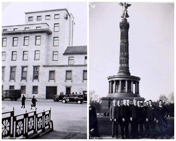 Пример артитектуры Третьего рейха (слева), группа нацистов на фоне колонны Победы в Берлине (справа) адольф гитлер, гитлер, исторические фотографии, ретрофото, фотоальбом