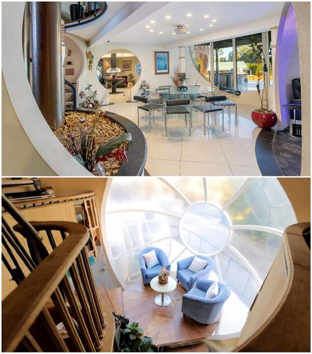 В космическом доме оформлена стильная столовая и несколько зон отдыха на площадках лестничных маршей («Bubble House», Австралия). | Фото: interestingengineering.com. В космическом доме оформлена стильная столовая и несколько зон отдыха на площадках лестничных маршей («Bubble House», Австралия). | Фото: interestingengineering.com.