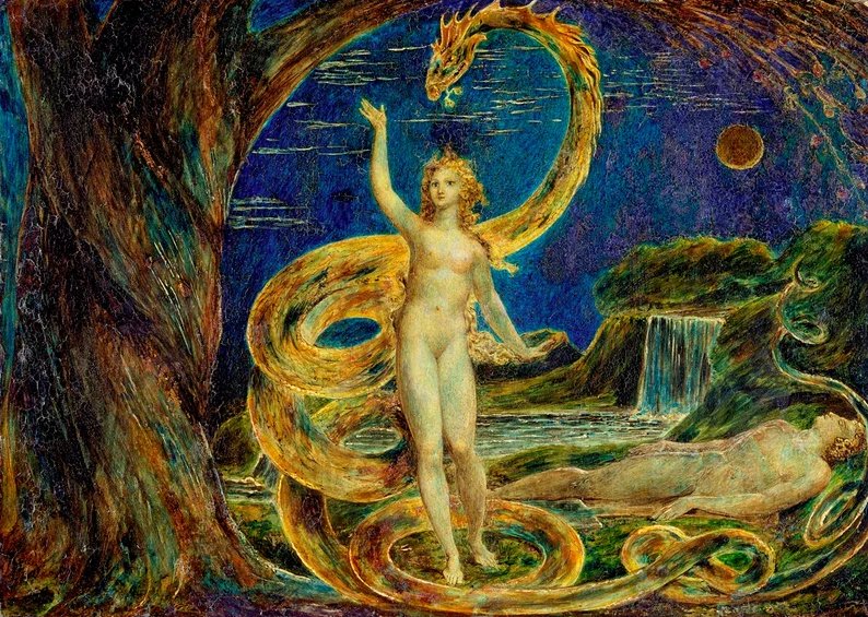 Ева, искушаемая Змеем. Художник Уильям Блейк. Источник: https://artchive.ru/artists/551~Uiljam_Blejk/works/498914~Eva_iskushaemaja_Zmeem