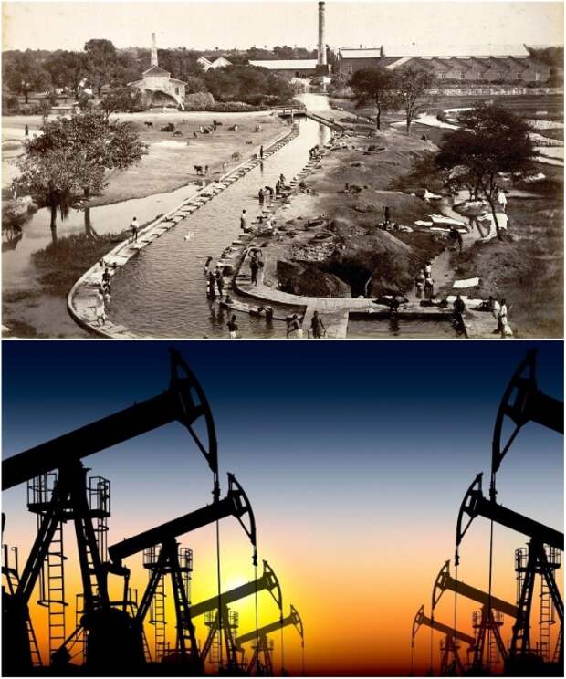 Месторождение нефти в Дубаи (фото 1966 и 2018 гг.). | Фото: bigpicture.ru/ petroturk.com.