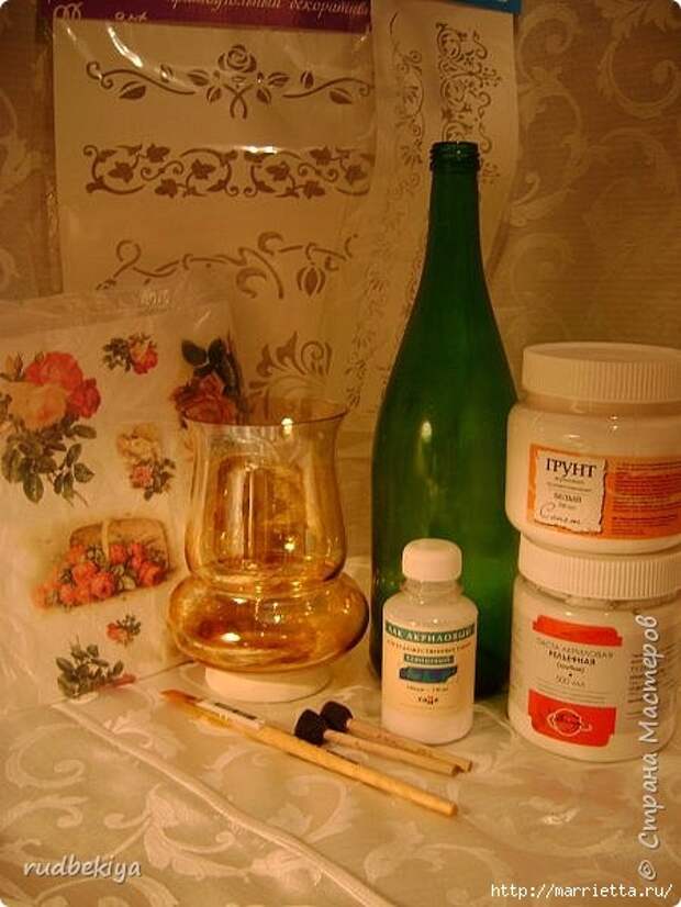 Декоративная бутылка и вазочка из плафона. Декупаж (16) (450x600, 154Kb)