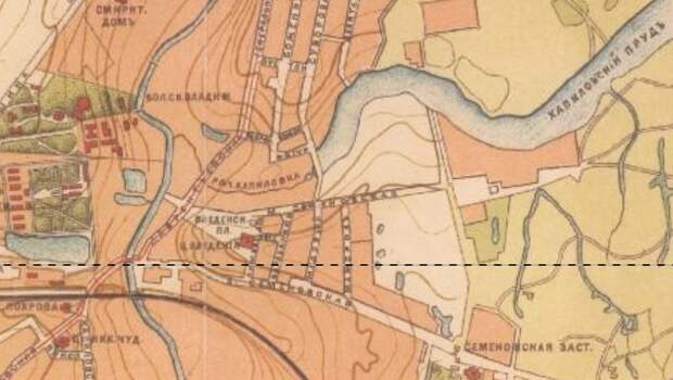Река Хапиловка и одноимённый пруд на карте Москвы 1890 года. С сайта www.retromap.ru.
