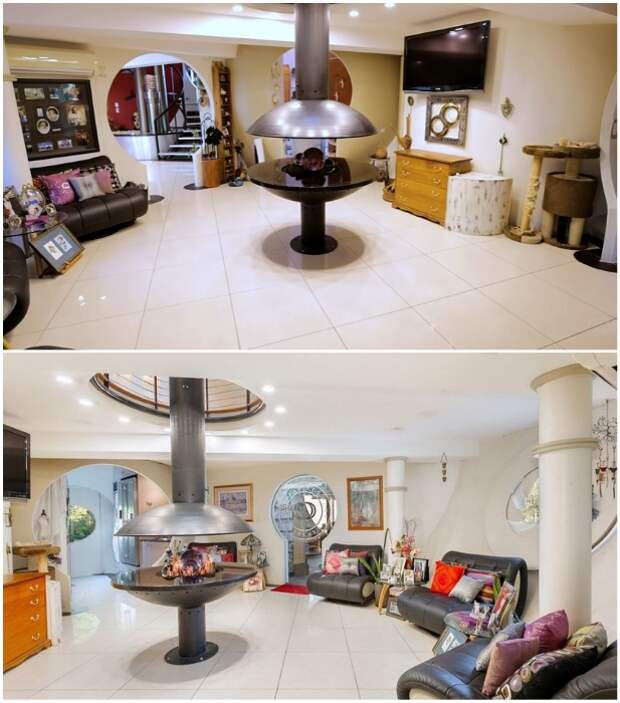 Оригинальный камин посреди гостиной отапливает сразу все комнаты на трех уровнях («Bubble House», Австралия). | Фото: newatlas.com/ youtube.com, © First National Real Estate. Оригинальный камин посреди гостиной отапливает сразу все комнаты на трех уровнях («Bubble House», Австралия). | Фото: newatlas.com/ youtube.com, © First National Real Estate.