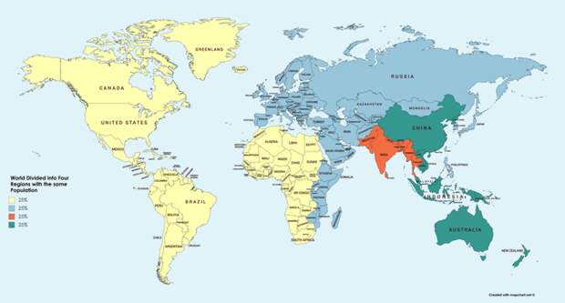8. В обозначенных разными цветами регионах живёт одинаковое количество людей в мире, интересно, карта, познавательно, фото