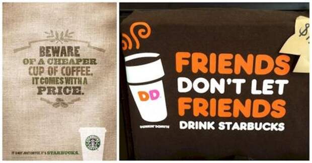 Dunkin Donuts и Starbucks выпустили коготки.<br /> В 2008 году Dunkin Donuts провели тестовую дегустацию и заявили, что большая часть дегустаторов предпочла их кофе кофе Starbucks а. Они также выпустили футболки с надписью «Друзья не позволяют друзьям пить Starbucks». Starbucks ответили более изящно, и даже не упомянули название враждующей компании. Вместо этого они сделали акцент на своем кофе честной торговли. По их словам, дешевый кофе (как в Dunkin Donuts) – результат эксплуатации работников кофейных плантаций в Латинской Америке.