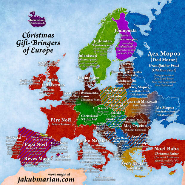 Кто в Европе детям приносит подарки на Рождество/НГ Jakub Marian, карта, картография, карты