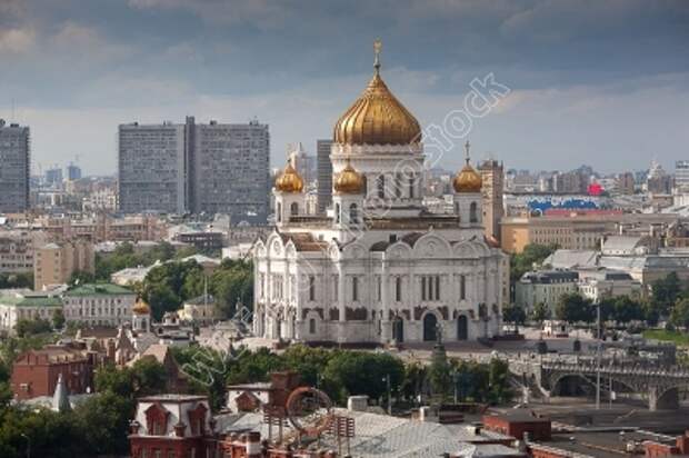 Вид на Храм Христа Спасителя, Новый Арбат, Хамовники. Панорама, панорамное фото Москвы с высоты птичьего полета