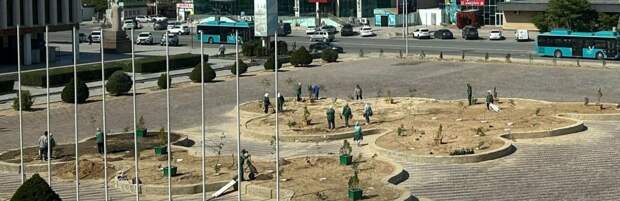 Отдел ЖКХ: озеленение клумб перед зданием акимата Актау  еще не завершено