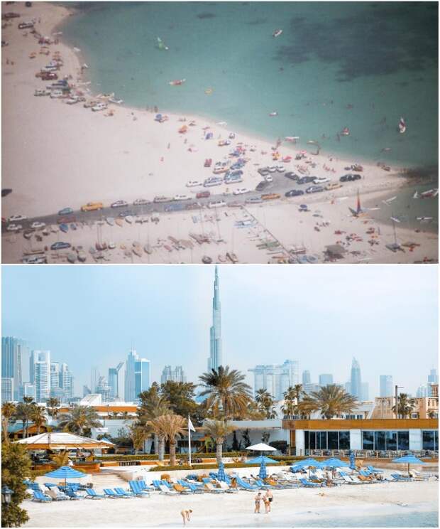 Пляж начала 90-х прошлого века и современные зоны отдыха Дубаи. | Фото: chatru.com/ tonkosti.ru.