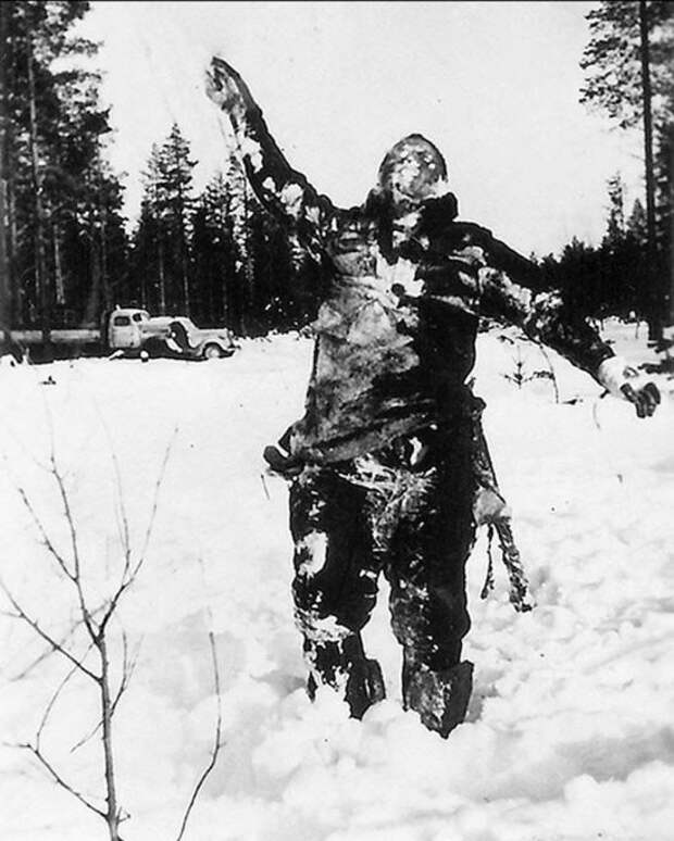 Замерзшее тело советского солдата, выставленное финнами для устрашения армии во время Советско-Финской войны, 1939 г. интересно, история, фото