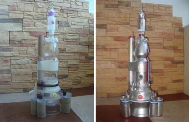 Из рулонов от туалетной бумаги и полотенец можно сделать не только ракету или корабль, но целую космическую станцию. Для этого вам понадобятся пластиковые бутылки, двусторонний скотч, аэрозольная краска, пластиковые тарелки