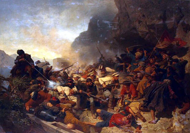Появились газыри во время кавказских войн. |Картина: Штурм укреплений Гуниба. Теодор Горшельт.