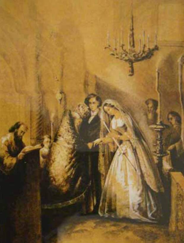 Венчание М. А. Бек (Столыпиной ) с П. П. Вяземским, 17 октября 1848. худ. неизвестен. Источник: WikiCommons