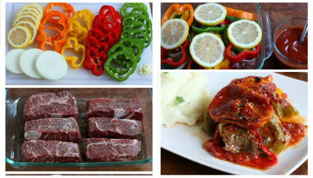 Мясо кусками выложить в форму для запекания, сверху положить овощи, залить соусом, запечь вкусно, еда, красиво, мясо, рецепты