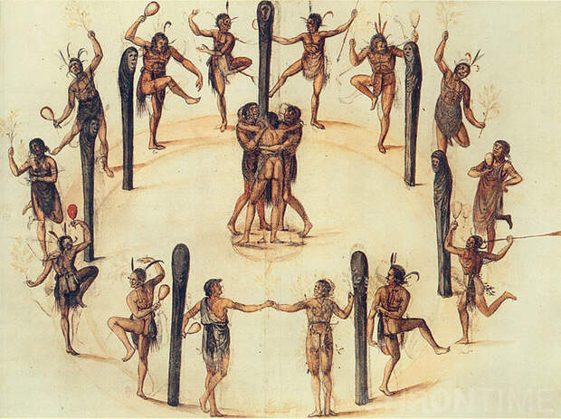 Танцы индейцев Secotan. Акварель кисти Джона Уайта, 1585 год.