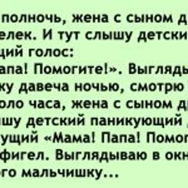 Время за полночь, жена с сыном дрыхнут, я смотрю телек. И тут слышу детский, паникующий голос: «Мама! Папа! Помогите!».