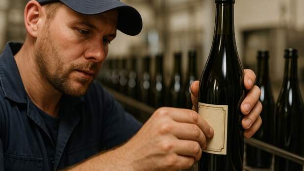 Приклеивает этикетку на бутылку / Изображение сгенерировано ИИ ChatGPT / amic.ru