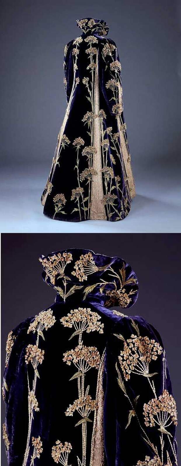 Purple velvet coat, 1895-1900. Medieval-style collar. Entirely covered with dramatic sprays of an English wildflower called Sweet Cicely that are hand-embroidered in yellow and green silk, with petals of white felt. The influence of the Arts and Crafts movement is apparent in this coat.: 