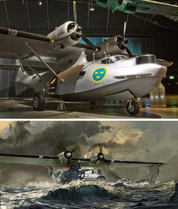 Самолет-амфибия PBY Catalina ВВС Швеции (вверху). Внизу - посадка «Каталины» американских ВВС на воду. Самолет-амфибия PBY Catalina ВВС Швеции (вверху). Внизу - посадка «Каталины» американских ВВС на воду.