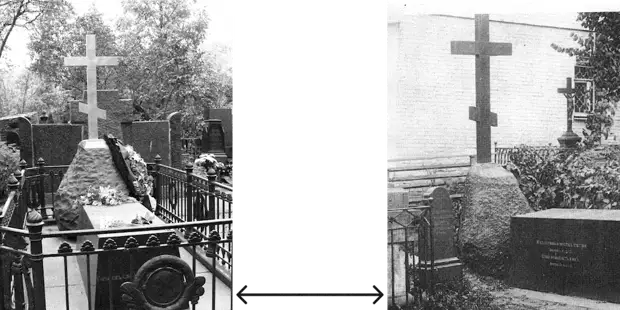 Слева — нынешняя могила Гоголя на Новодевичьем кладбище; справа — первая могила писателя, которая находилась на территории Данилова монастыря. Долгое время на Новодевичьем кладбище вместо камня стоял бюст Гоголя, но в 2009 году могиле решили вернуть изначальный облик. Источники: wikimedia.org, pastvu.com