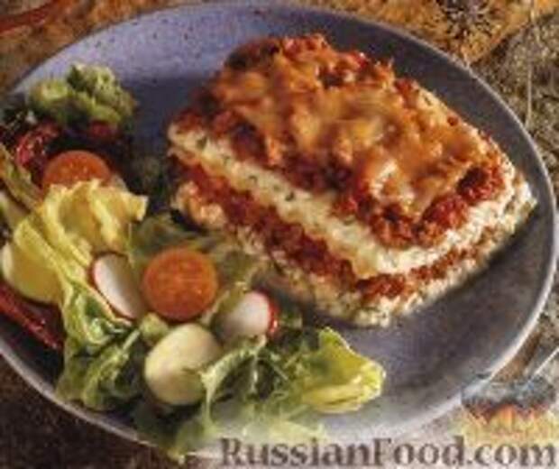 Фото к рецепту: Лазанья мясная с творогом и грибами