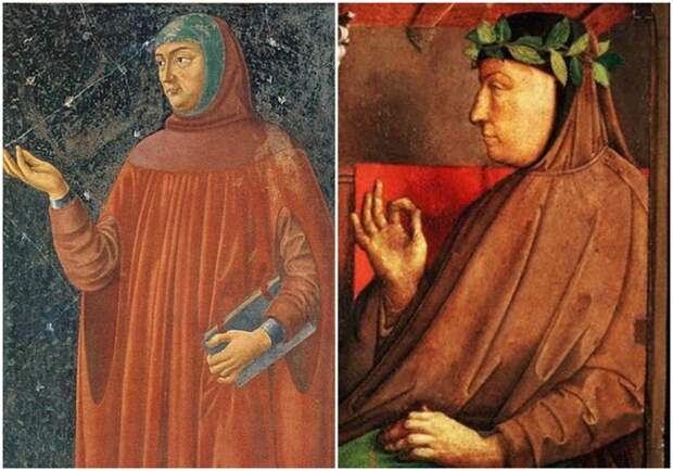 Слева направо: Портрет Петрарки, работа Андреа дель Кастаньо, фрески виллы Кардуччо. \ Франческо Петрарка, работа Юстуса ван Гента.