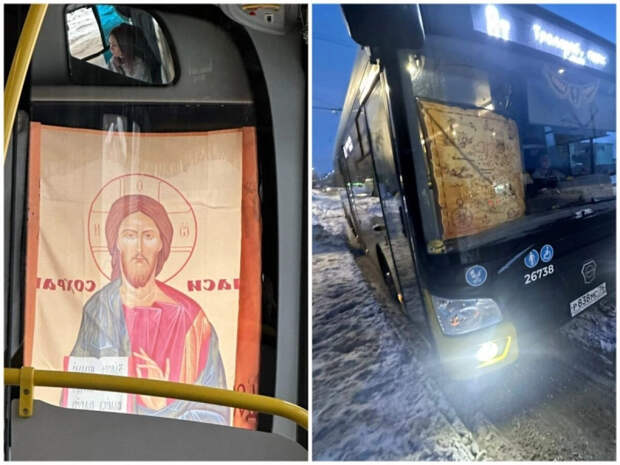 Водители в Рыбинске заклеили окна автобусов иконами от солнечных бликов