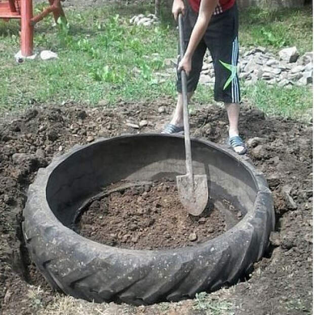 Идея для дачи. Декоративный пруд из старой покрышки.